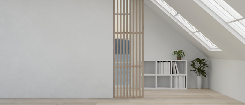 A modern, minimalist white home corridor with white wall, parquet floor, and skylight windows. photo