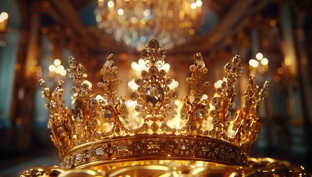 Gold ornate crown with gemstones, symbol of royalty and luxury, intricate craftsmanship detail photo