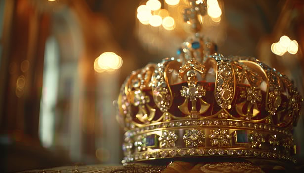 Gold ornate crown with gemstones, symbol of royalty and luxury, intricate craftsmanship detail photo