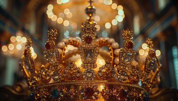 Gold ornate crown with gemstones, symbol of royalty and luxury, intricate craftsmanship detail photo
