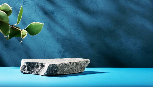 Grey stone podium style luxury on blue background with natural light soft shadow photo
