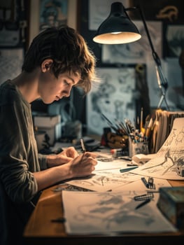 a young man is sitting at a desk drawing on a piece of paper photo