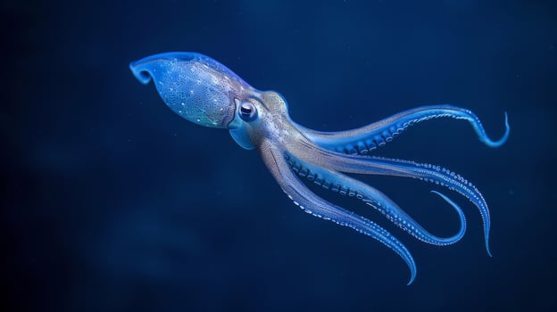 Electric blue squid swims underwater in ocean among zooplankton and cnidaria photo