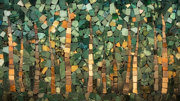 Mural of tree tiles on a wall, blending nature with urban architecture photo