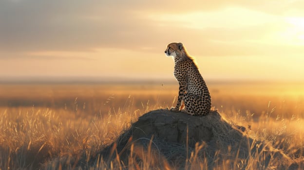 Cheetah perched on rock in grassland field, under clear sky photo