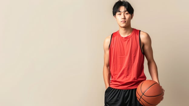 A man wearing red tank top and black shorts holds a basketball photo