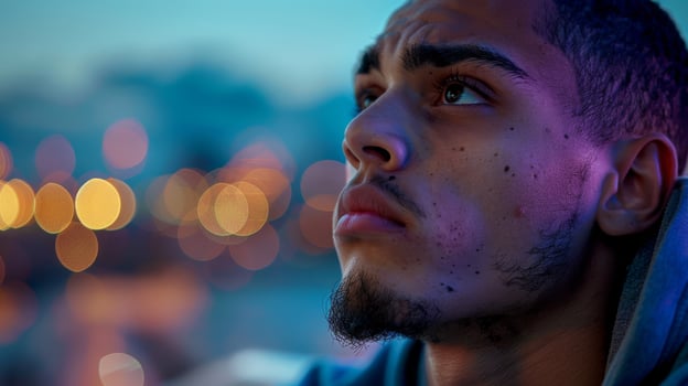 A mans face in close up with electric blue facial hair and a blurry background photo