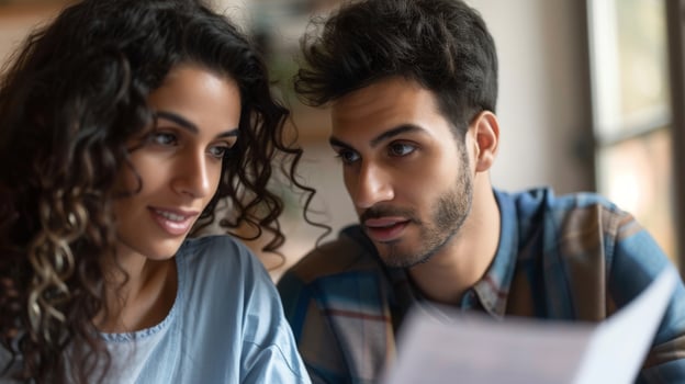 a man and a woman are looking at a piece of paper together photo