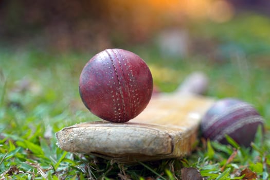 Red cricket ball and cricket bat on grass. Soft and selective focus. photo