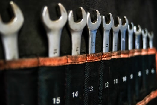 Garage. Car repair. Tools. Rubber tires, wheels. photo