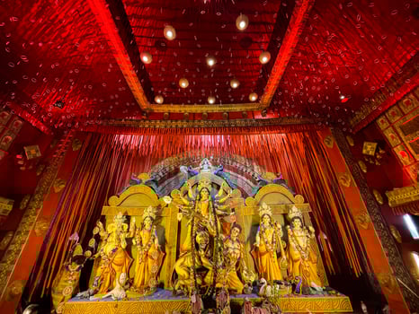 statue of godess Durga decorated pandal. biggest religious festival of Hindu dharma photo