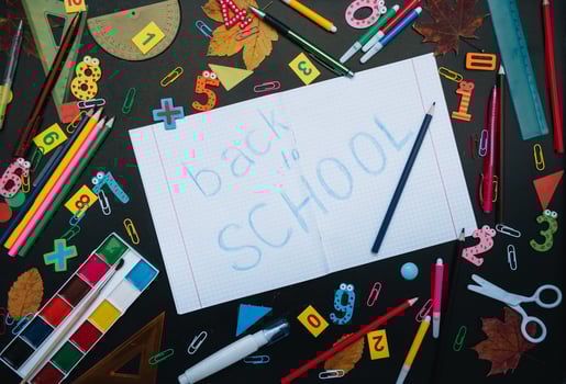 Back to school concept. School and office supplies on blackboard background photo