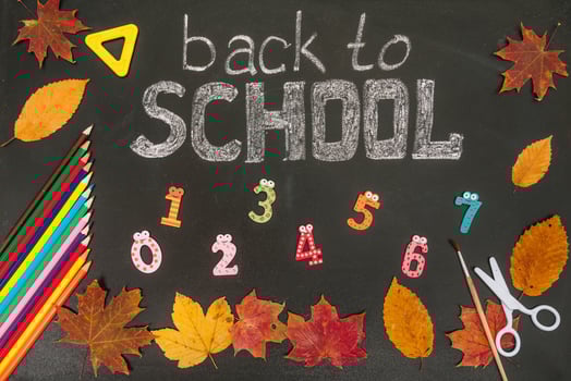 Back to school concept. School and office supplies on blackboard background photo