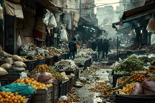 A bustling market scene focusing on the vibrant chaos of food waste. photo