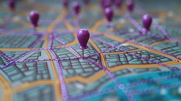 Navigating the Urban Jungle. A Close-Up of Purple Pins on a City Map photo