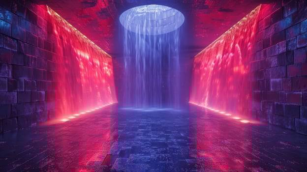 Mystical Rainfall in a Crimson Illuminated Corridor photo