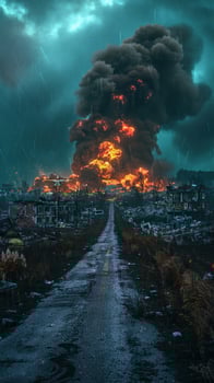 Apocalyptic Rain. A Fiery Storm Engulfs a Silent Town photo
