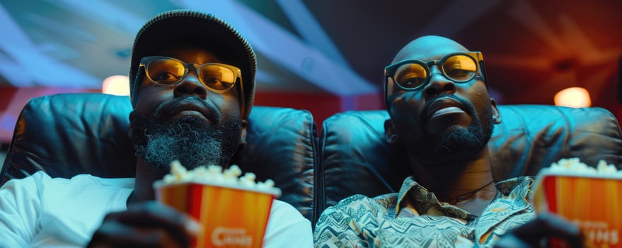 two men watching movie in cinema, eating popcorn. photo