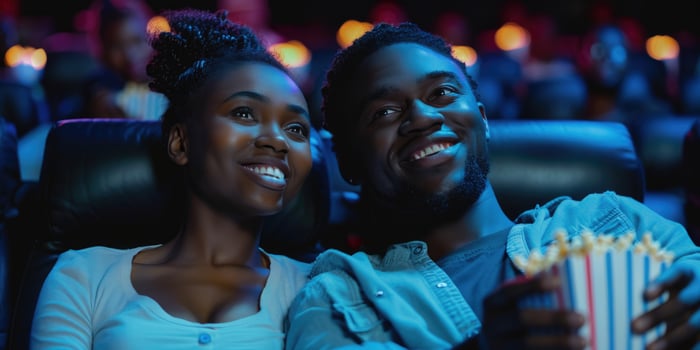 couple laughing while watching movie in cinema. photo