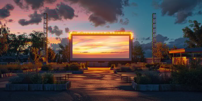 blank white screen outdoors in green grass park. outdoor cinema, big screen show. photo