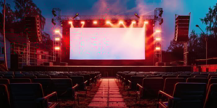 blank white screen outdoors in green grass park. outdoor cinema, big screen show. photo
