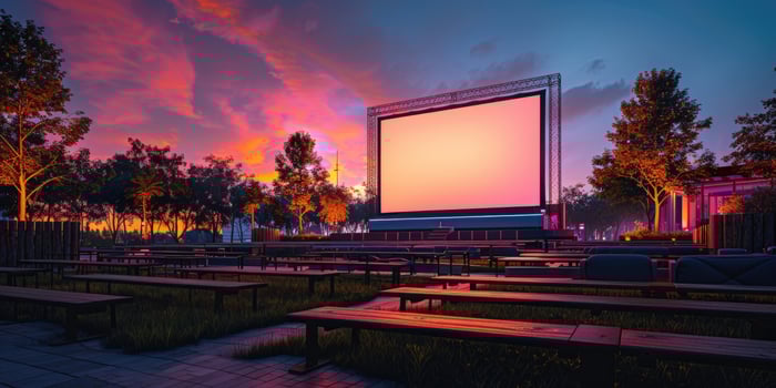 blank white screen outdoors in green grass park. outdoor cinema, big screen show. photo