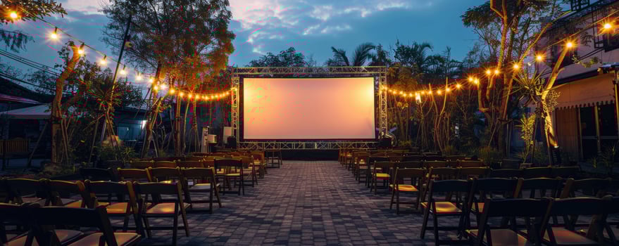 blank white screen outdoors in green grass park. outdoor cinema, big screen show. photo