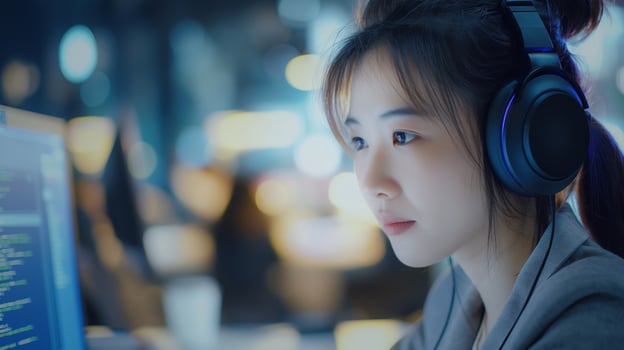 a woman wearing headphones is looking at a computer screen photo