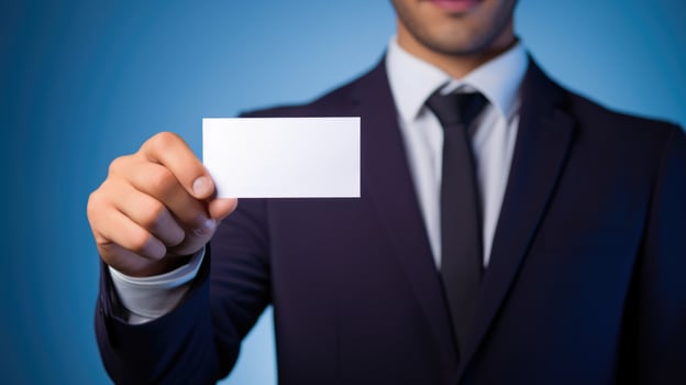 man in suit holding business name card, ai photo