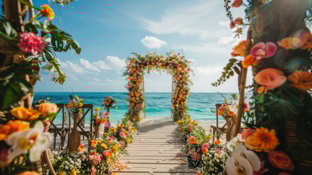 The backdrop for an open-air wedding on the beach filled with beautiful floral decorations and ornaments ai generate photo