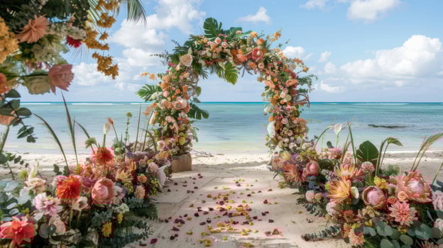 The backdrop for an open-air wedding on the beach filled with beautiful floral decorations and ornaments ai generate photo