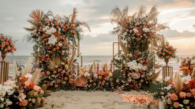 The backdrop for an open-air wedding on the beach filled with beautiful floral decorations and ornaments ai generate photo