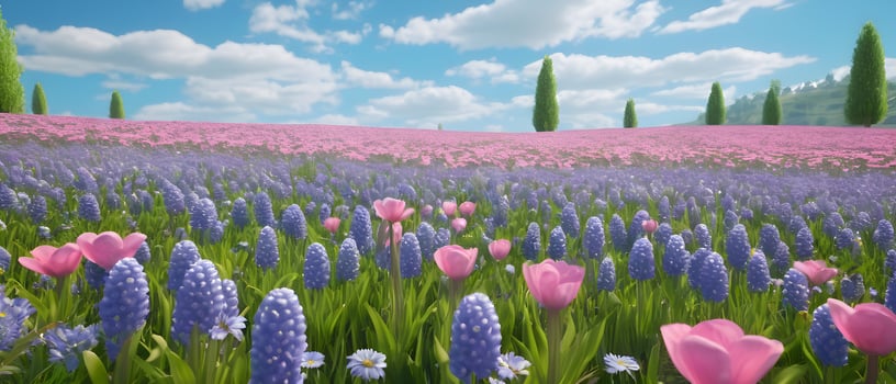 Panorama of Beautiful Field of spring flowers with perfect sky background. photo