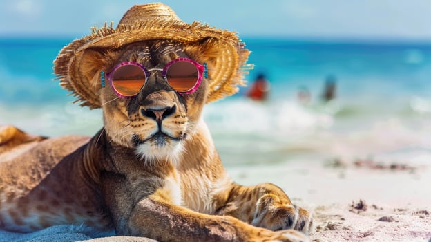 banner lion, lioness in sunglasses and hat on the beach near the sea, looking at the camera. summer vacation by the sea with copy space photo