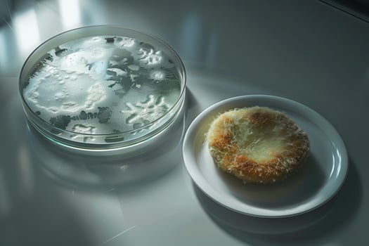 petri dishes with mold, algae, plate with cutlet, laboratory, cutlets made from mold, algae, artificial food, meat photo