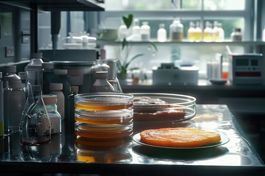 petri dishes with mold, algae, plate with cutlet, laboratory, cutlets made from mold, algae, artificial food, meat photo