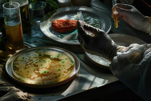 laboratory, cutlets made from mold, algae, microalgae. scientist's hand with test tube, pipette, biotechnologies, artificial food, meat photo