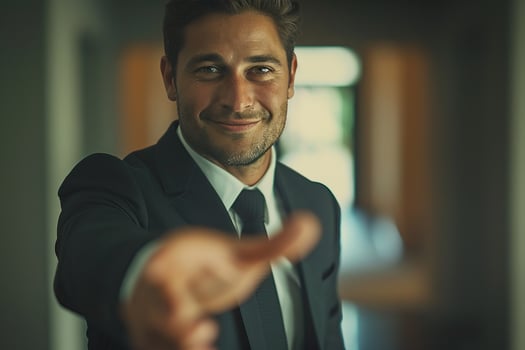 Confident businessman in suit reaching out to shake hands photo