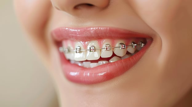 Close up of beautiful woman teeth with orthodontic braces. photo