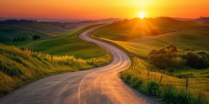 Highway landscape at colorful sunset in summer. Mountain road landscape at dusk. Beautiful nature scenery in green mountains. Travel landscape for summer vacation on highway. High quality photo