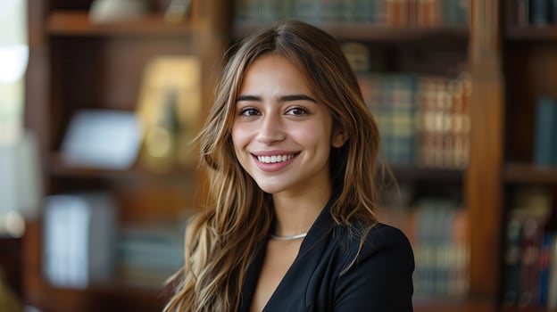 A young woman with long brown hair smiling in front of a bookshelf. photo