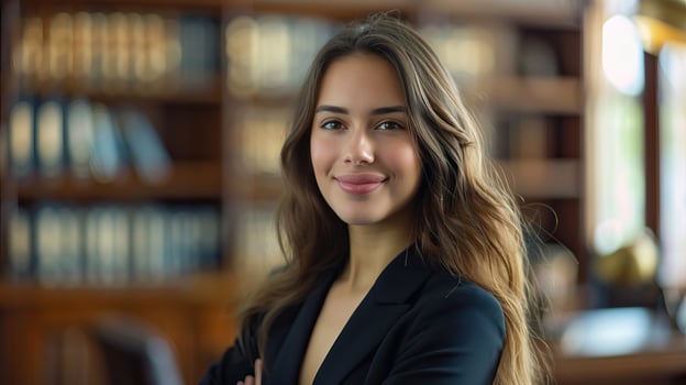 A young, professional woman with long, wavy brown hair wearing a black suit jacket poses confidently in a library. photo