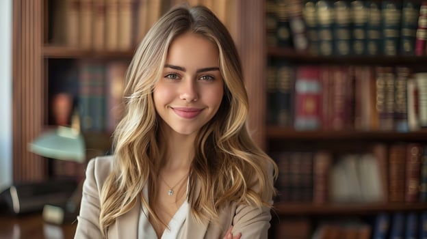 A young female lawyer stands in a library, smiling. photo