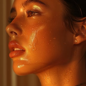 A closeup photo of a woman's face with a golden sheen on her skin and water droplets on her face.