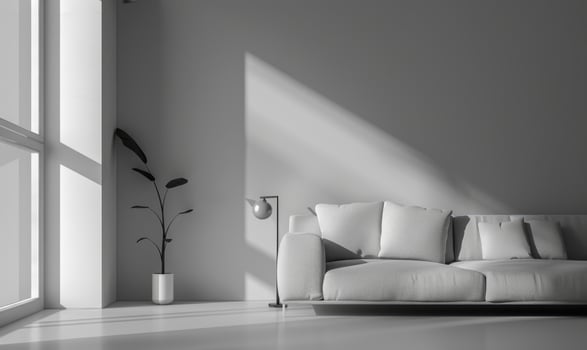 A minimalist modern interior room with pale gray walls photo