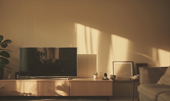 A serene minimalistic modern interior room with pale beige walls photo