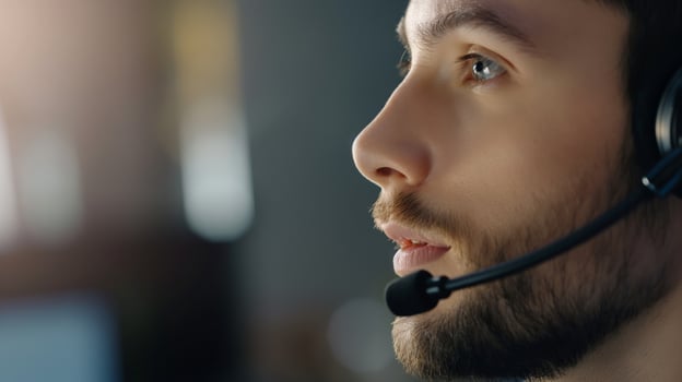 Customer support agent with headset. Professional and corporate concept. Close-up portrait with office background. photo