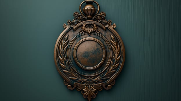 Antique bronze medallion with laurel and filigree design on teal background. Studio close-up photography for design and print. photo