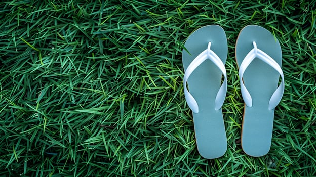 Flip-flops positioned on a vivid green lawn, encapsulating the essence of summer simplicity. photo