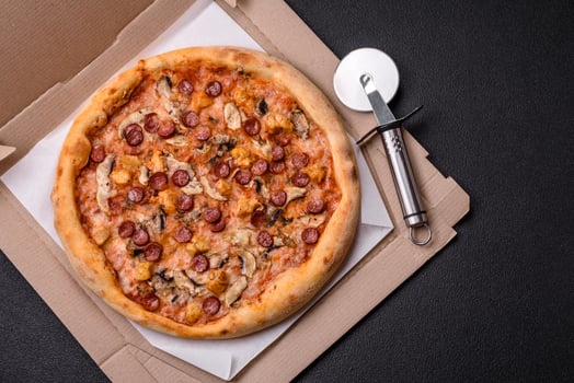 Delicious pizza with sausage, cheese, tomatoes, salt, spices and herbs photo